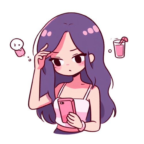 Cartoon girl regretfully looking at phone